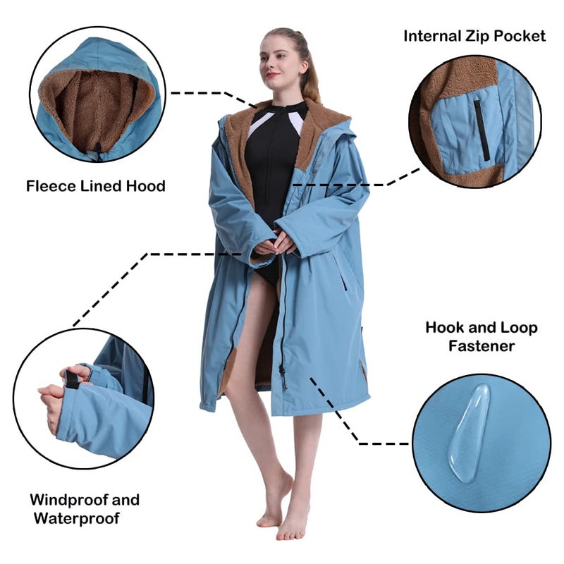 Hiturbo Warm Waterproof Swim Parka: Oversized Hooded Changing Robe - Sherpa Liner Swimming Coat - Recycled Fabric Surf Poncho (Blue) - Image 4